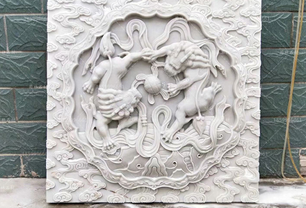 漢白玉浮雕產品-漢白玉浮雕雙獅舞球深浮雕